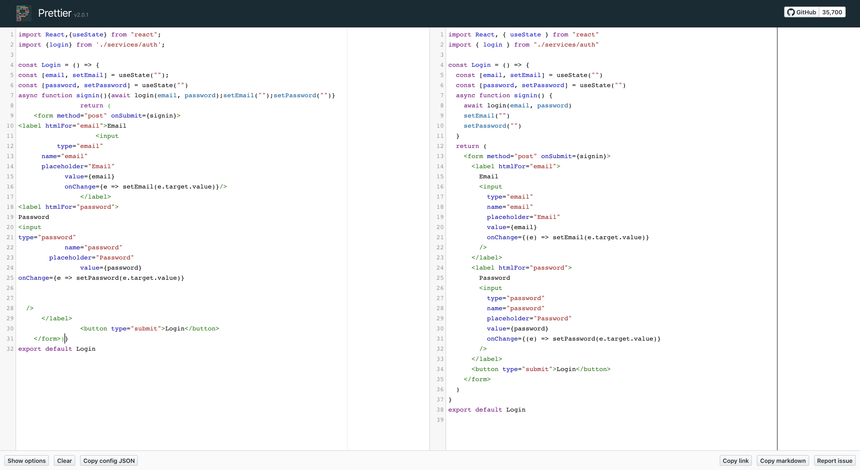 Example of Prettier formatting