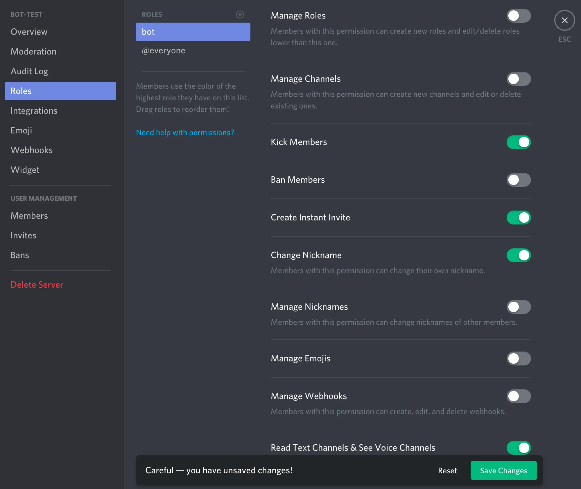 Attributing a role to the bot - step 2