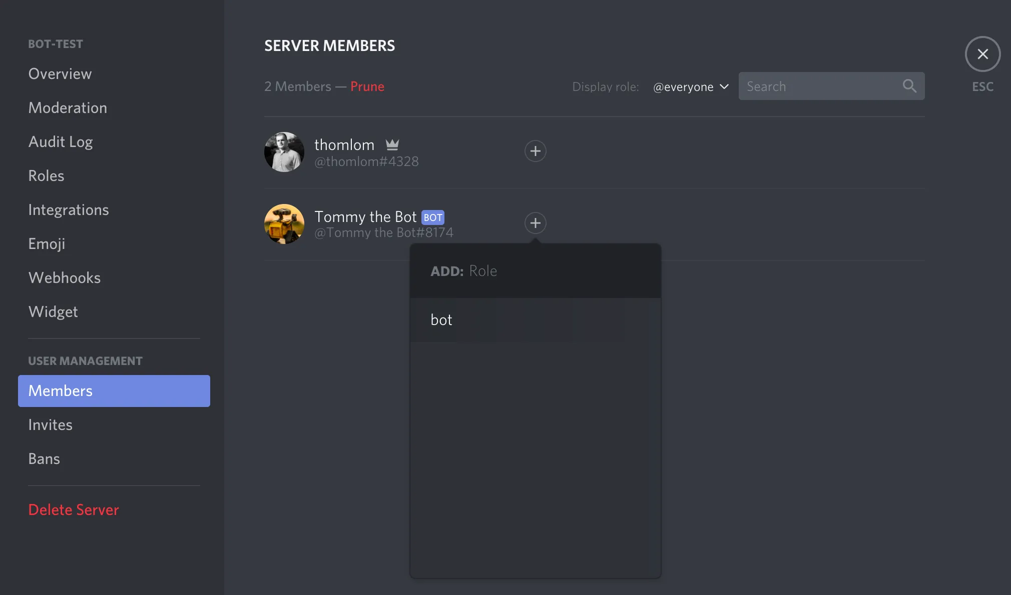 Attributing a role to the bot - step 3